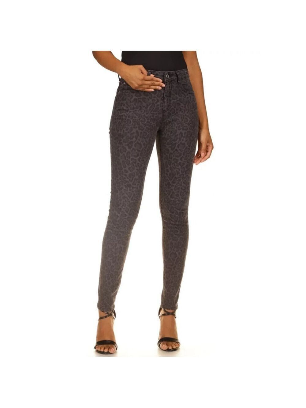 MICHAEL KORS Women Leopard Print Straight Skinny Jeans Charcoal Wash Size 4